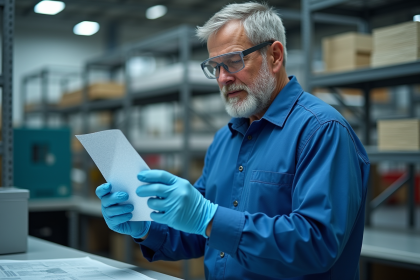 Ingénieur en sécurité examinant un échantillon de polycarbonate