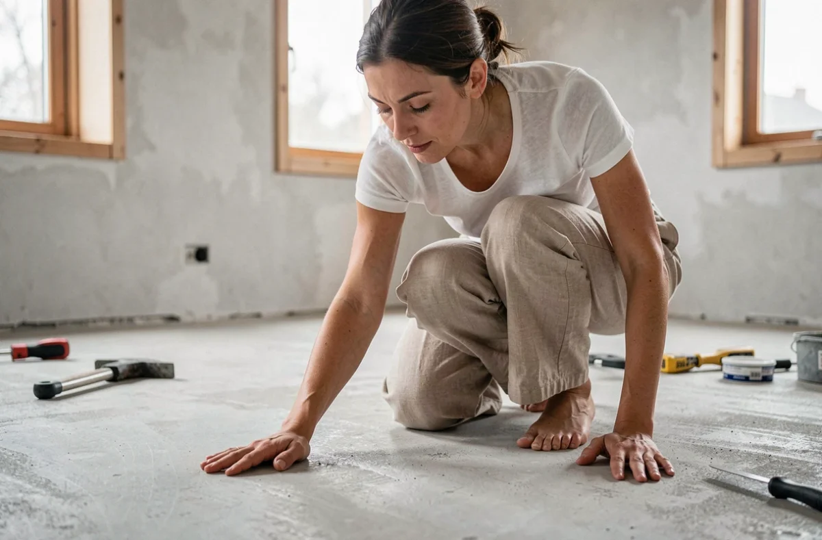 Femme inspectant un sol en béton brut dans une maison en rénovation familiale