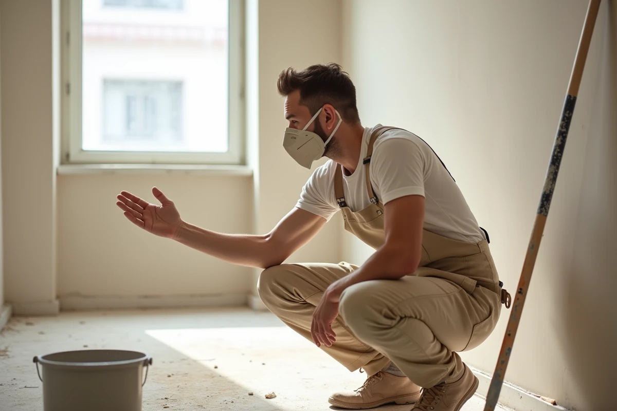 Peintre en bâtiment inspectant un enduit de finition poncé à la main pour détecter les rayures