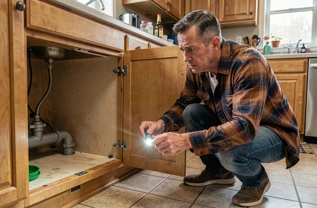 Homme inspectant le siphon sous l'évier de cuisine pour identifier les causes d'une infestation de mouches à drains