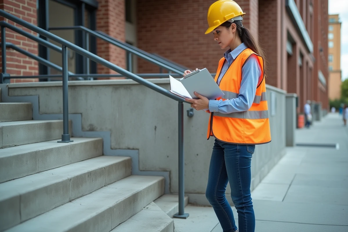 Inspectrice v&eacute;rifiant une rampe en b&eacute;ton &agrave; l