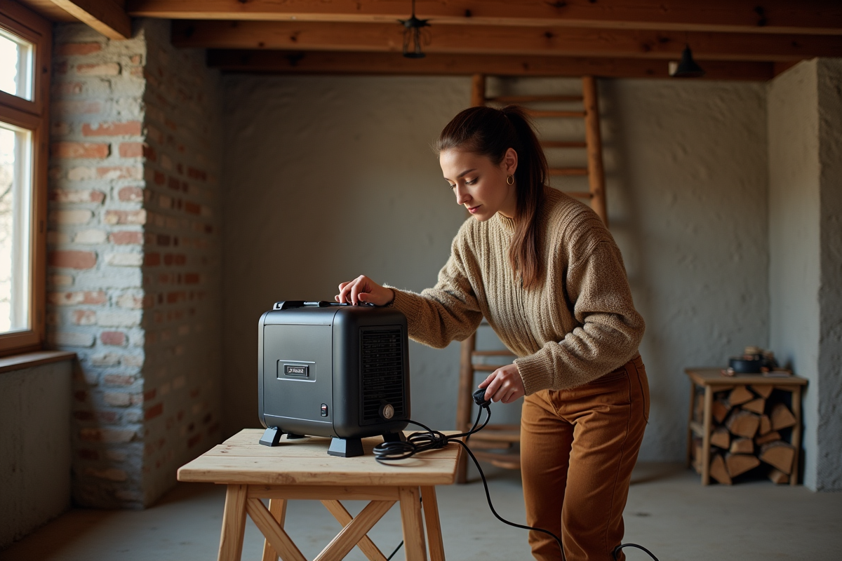 Jeune femme installant un chauffage électrique dans un sous-sol