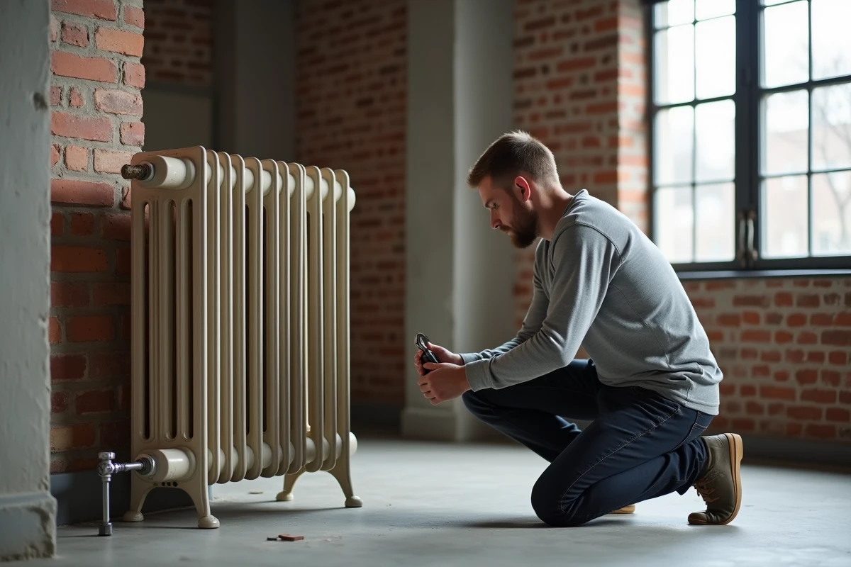 Homme installant un pied en bois sous un radiateur fonte colonne sur sol béton ciré dans un loft industriel