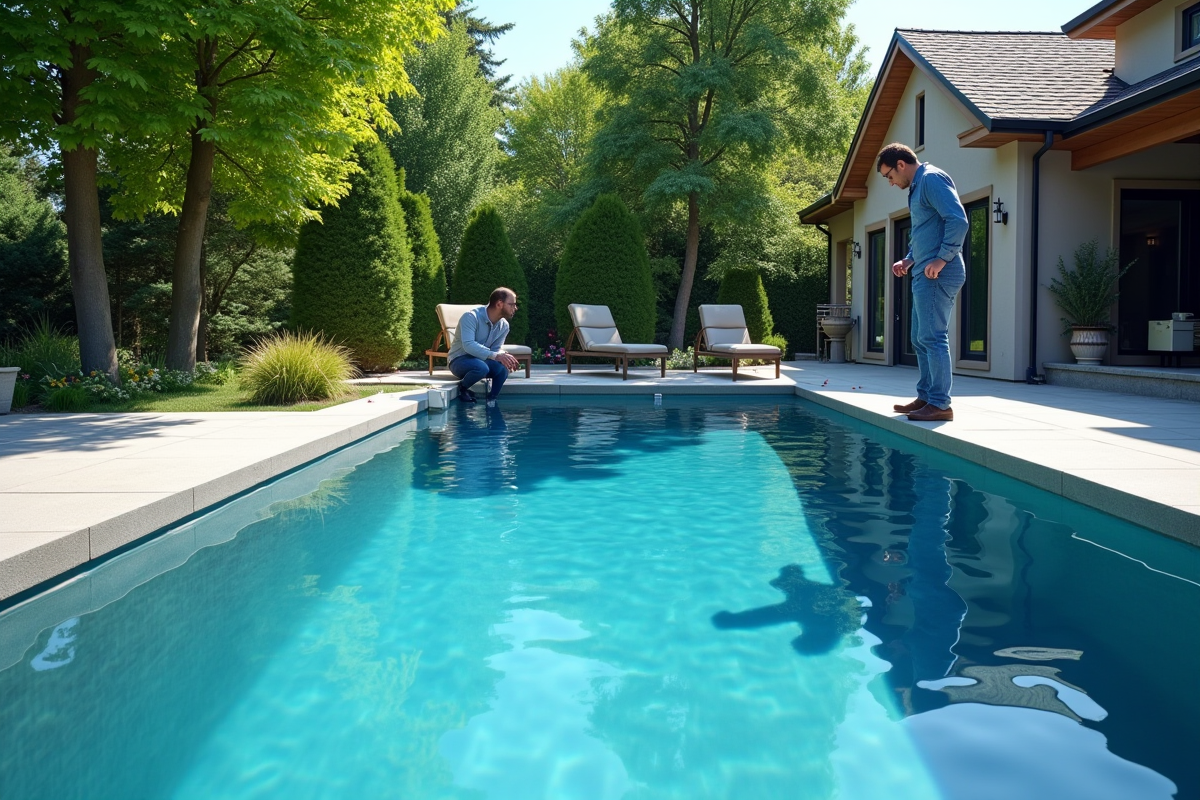 Espace piscine moderne en extérieur avec technicien mesurant la zone