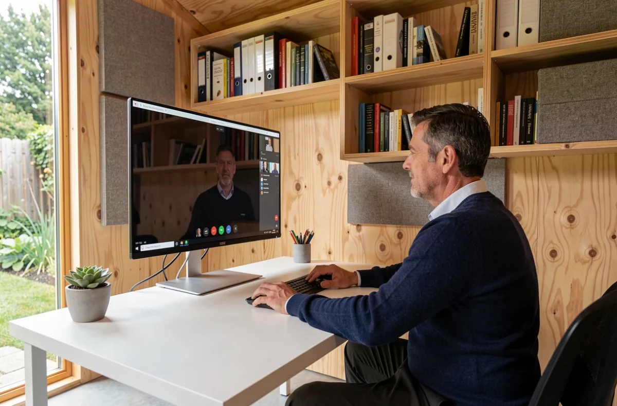 Homme en réunion vidéo dans l'intérieur aménagé d'un bureau de jardin Greenkub avec mobilier minimaliste et murs en contreplaqué de bouleau