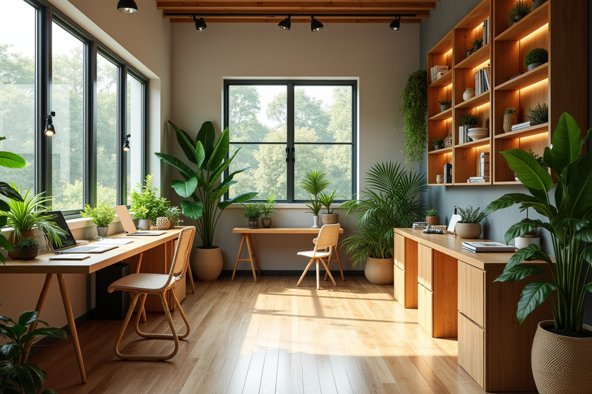 Espace de travail moderne avec matériaux durables et plantes vertes