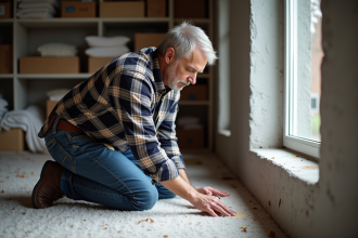 Homme d'âge moyen scellant une fenêtre dans un sous-sol