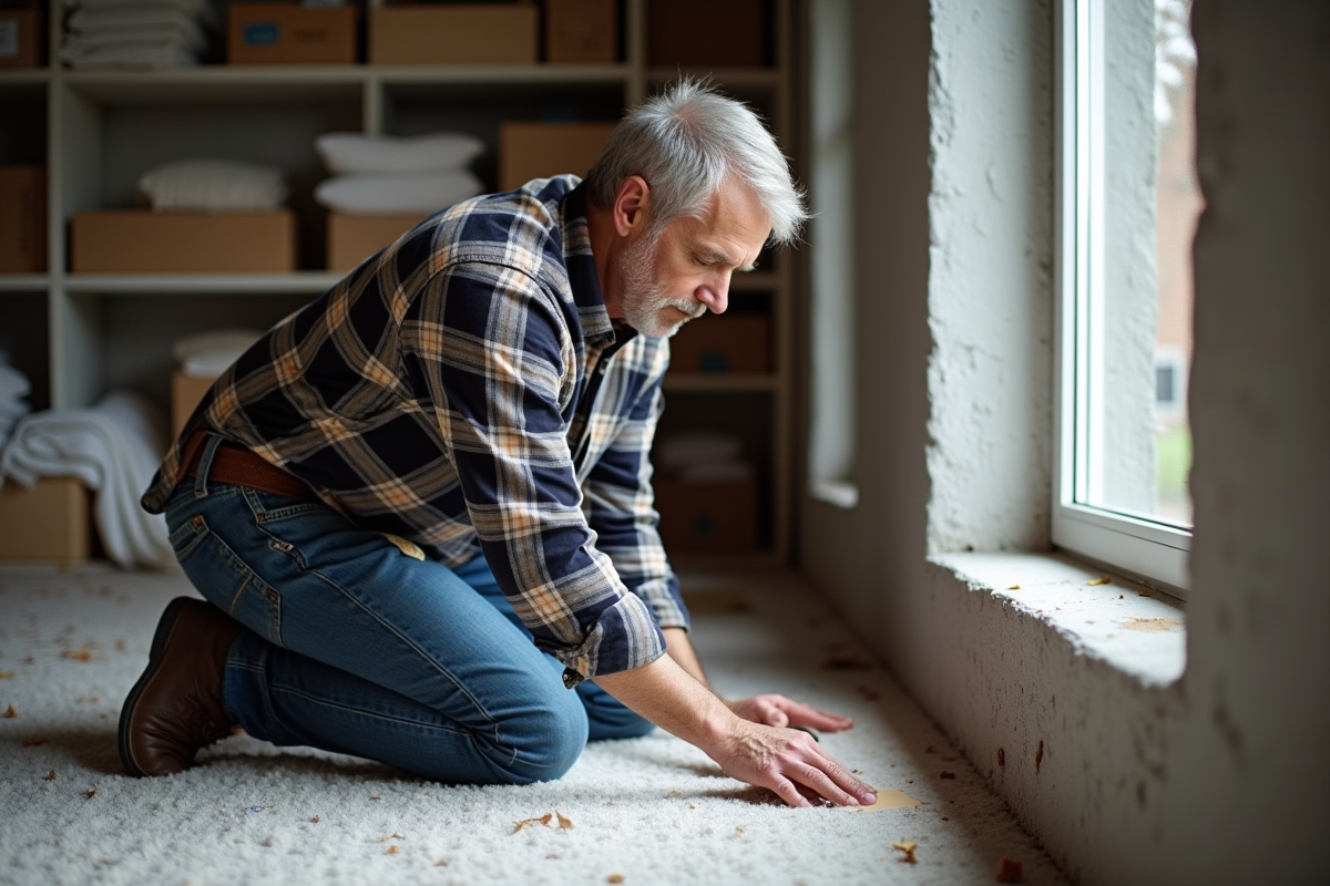 Homme d'âge moyen scellant une fenêtre dans un sous-sol