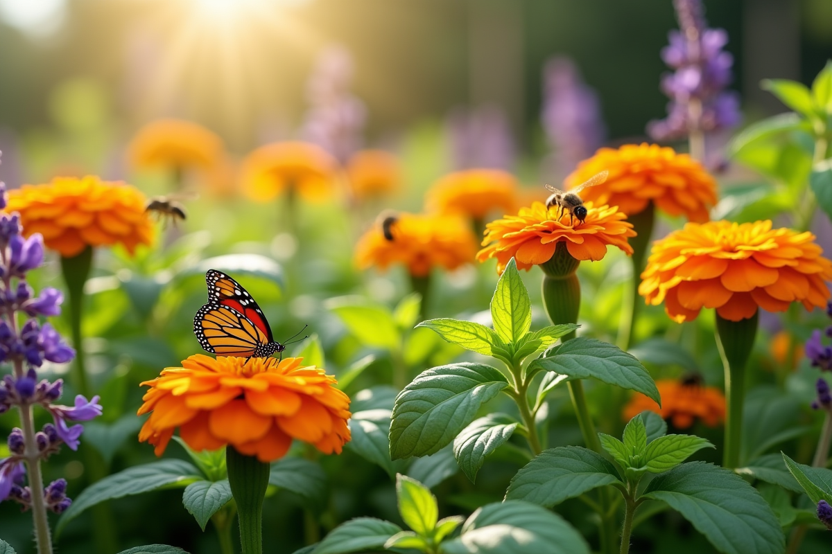 Jardin coloré avec fleurs et insectes bénéfiques