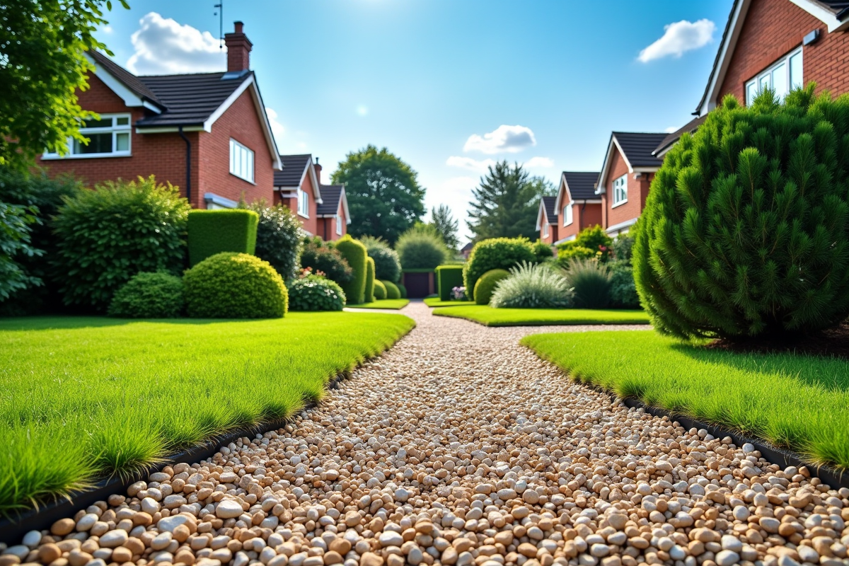 Jardin suburbain avec gravier déborder sur la pelouse et drainage