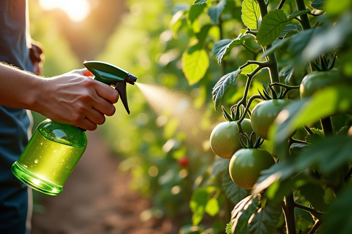Jardinier vaporisant une solution organique sur tomates vertes en jardin