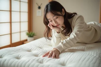 Jeune femme japonaise examine un matelas en latex naturel dans une pièce minimaliste