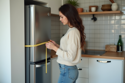 Jeune femme mesurant un petit réfrigérateur dans une cuisine moderne