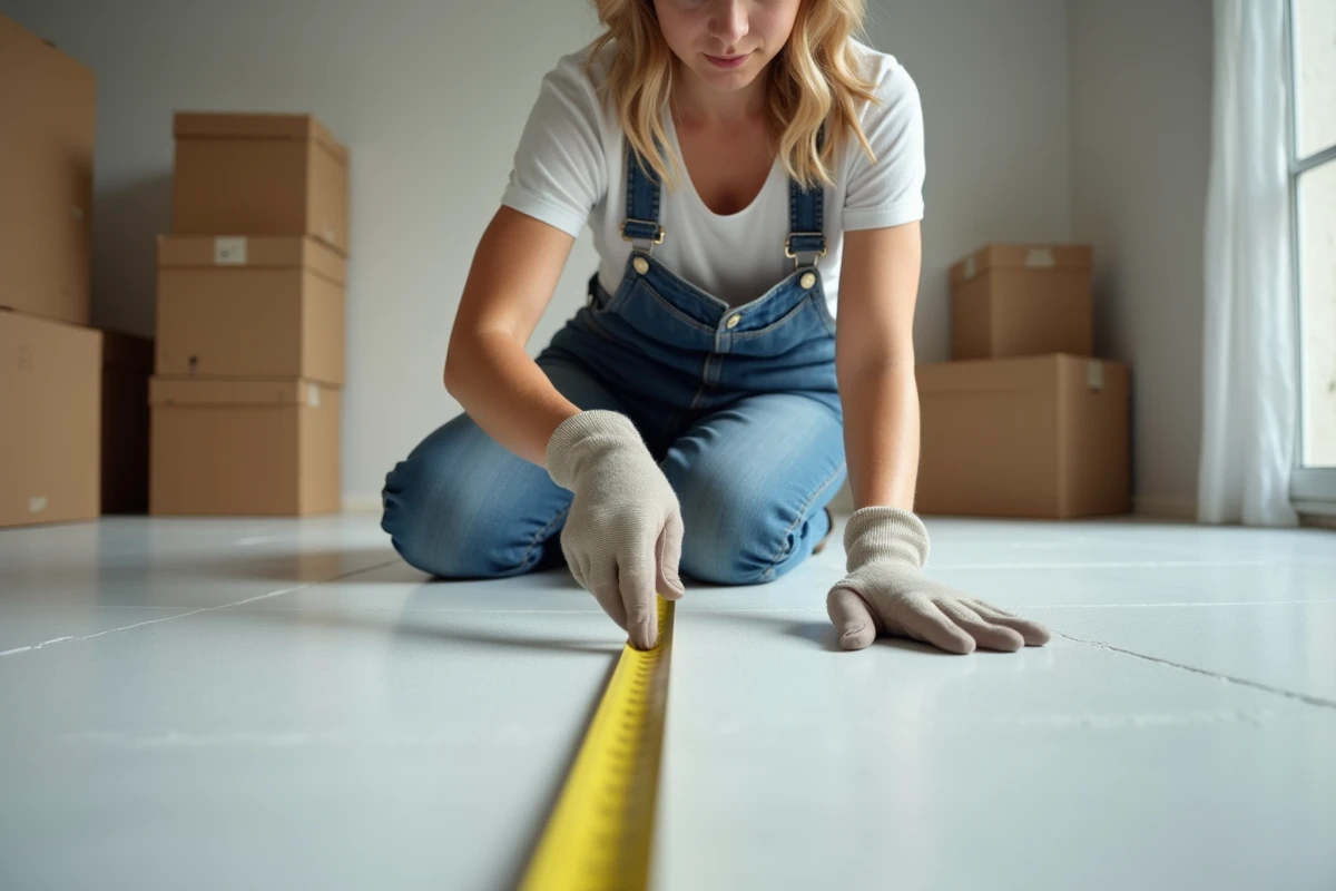 Jeune femme carreleuse mesurant un sol impeccable
