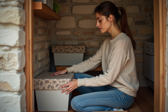 Jeune femme organise un espace de rangement dans une cave rénovée
