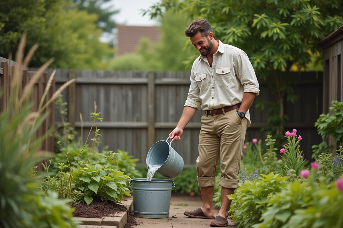 Jeune homme dans le jardin avec un seau d