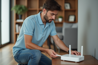 Jeune homme connectant un routeur moderne dans un intérieur minimaliste