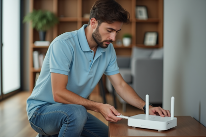 Jeune homme connectant un routeur moderne dans un int&eacute;rieur minimaliste