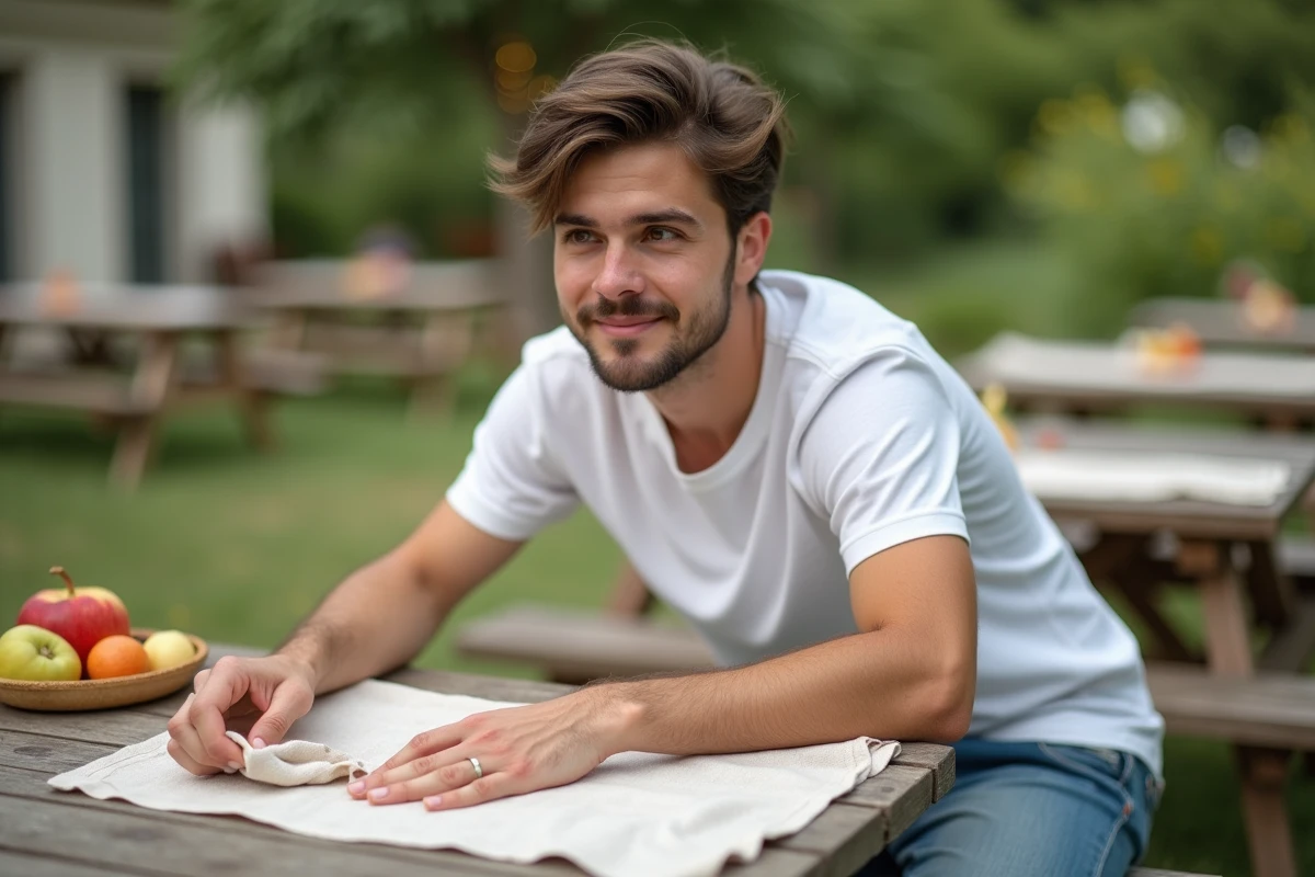 Jeune homme observant une tache de fruit sur une serviette en lin