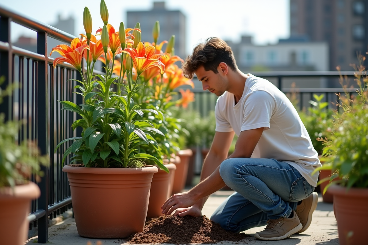 Jeune homme en jeans arrose et mulch des lys en balcon urbain