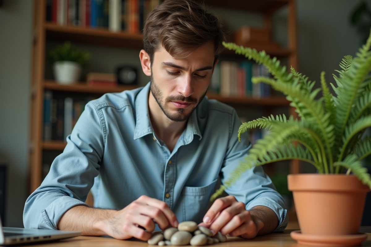 Jeune homme arrangeant des pierres dans un pot de fougère dans un bureau
