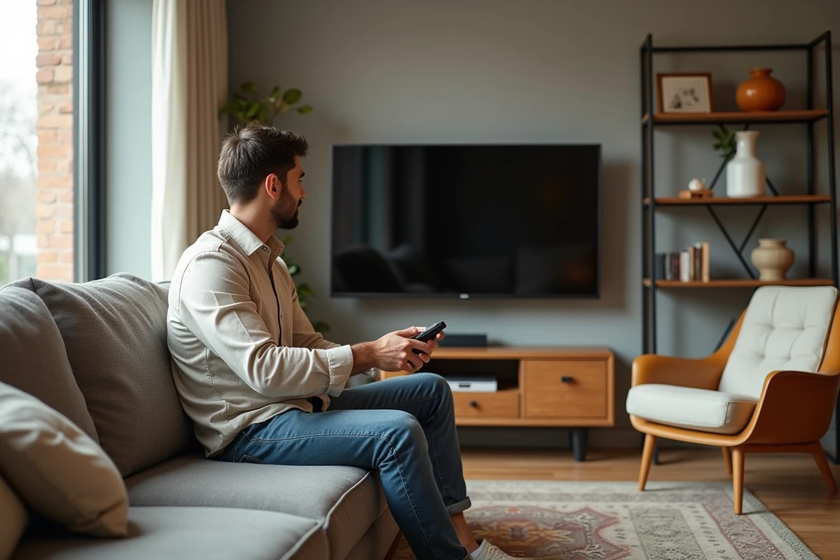 Jeune homme utilisant la t&eacute;l&eacute; dans un salon avec meuble media