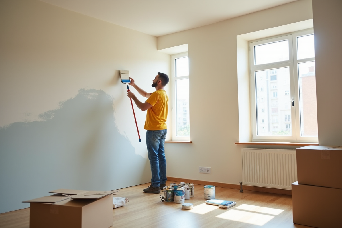 Jeune locataire peignant un mur dans un appartement moderne