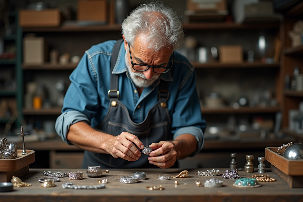 Joaillier inspecte une bague en argent avec loupe dans son atelier