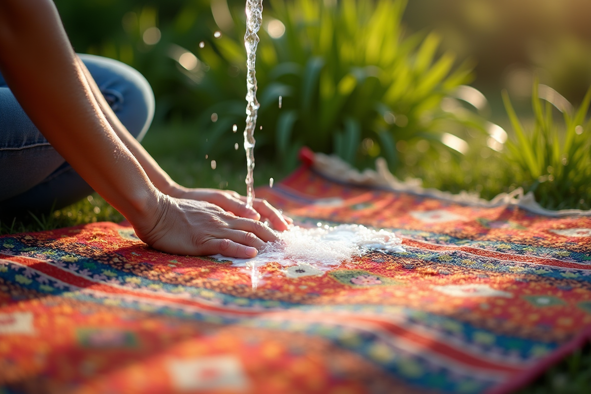 Personne lavant un tapis marocain coloré en extérieur
