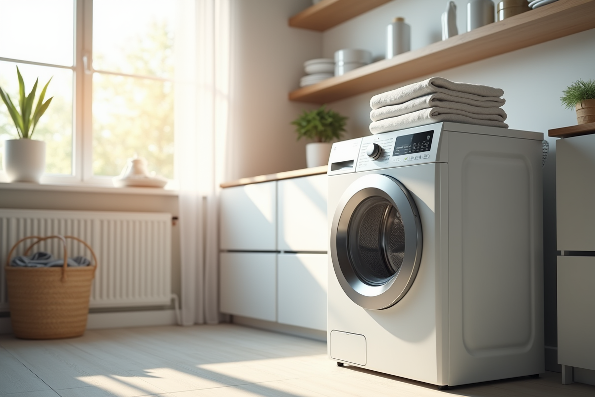 Lave-linge tout-en-un moderne dans une salle de lavage lumineuse