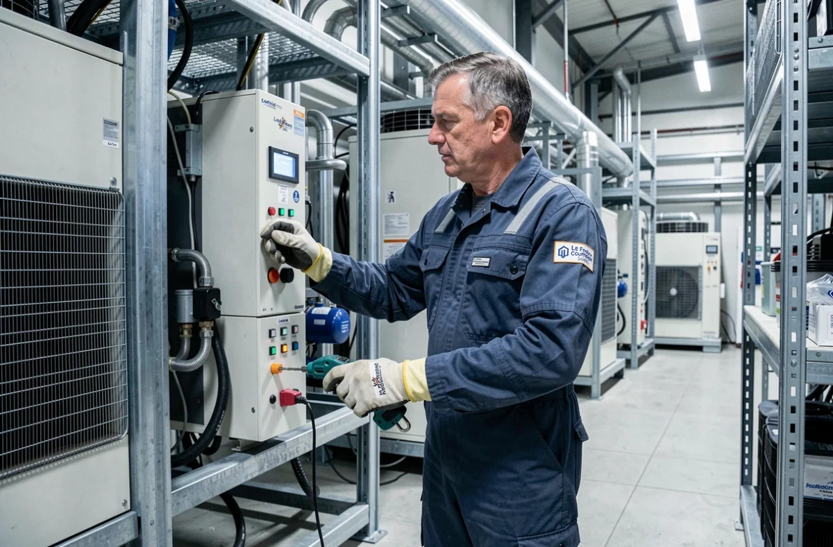 Frigoriste Le Froid Coufféen SARL entretenant un système de réfrigération industrielle et climatisation dans un entrepôt frigorifique en Loire-Atlantique