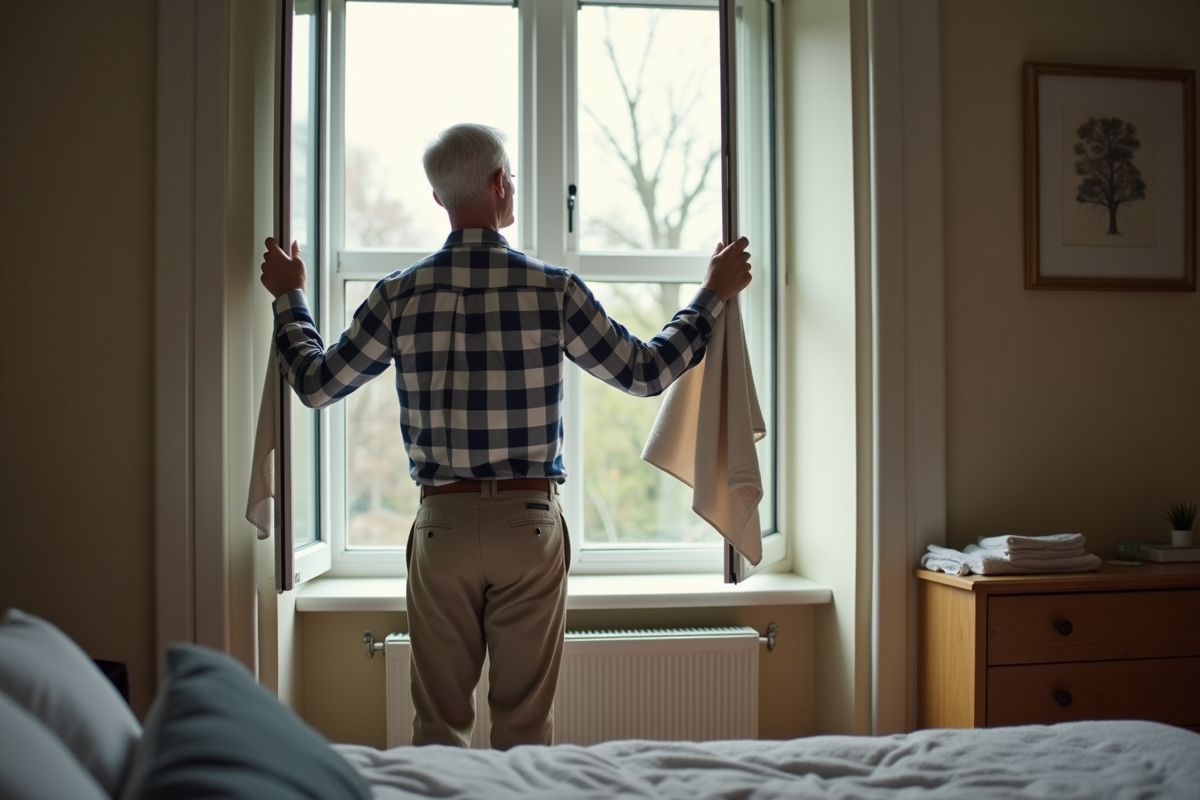 Homme faisant sécher des serviettes dans une chambre