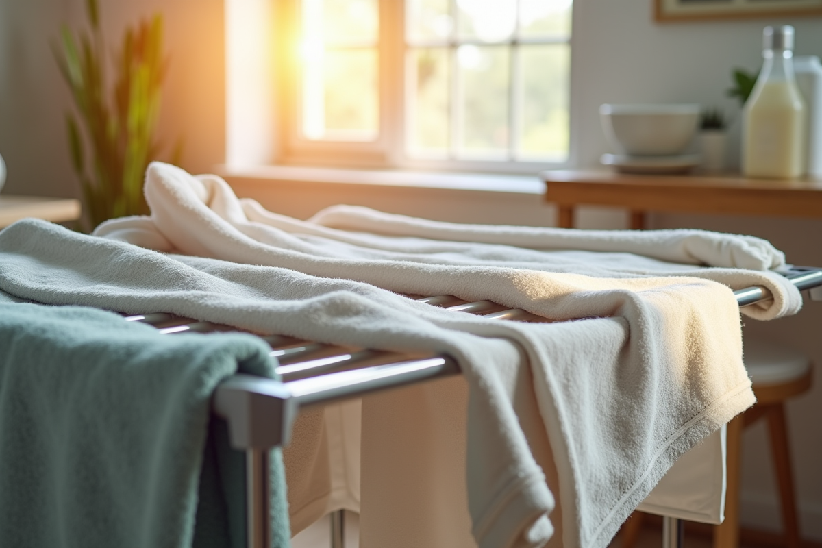 Vêtements thermiques séchant sur un étendoir en lumière naturelle