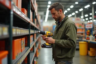 Homme comparant des outils de location dans un magasin de bricolage pour profiter des promos TravauxSuccess.fr en 2026