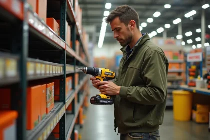 Homme comparant des outils de location dans un magasin de bricolage pour profiter des promos TravauxSuccess.fr en 2026