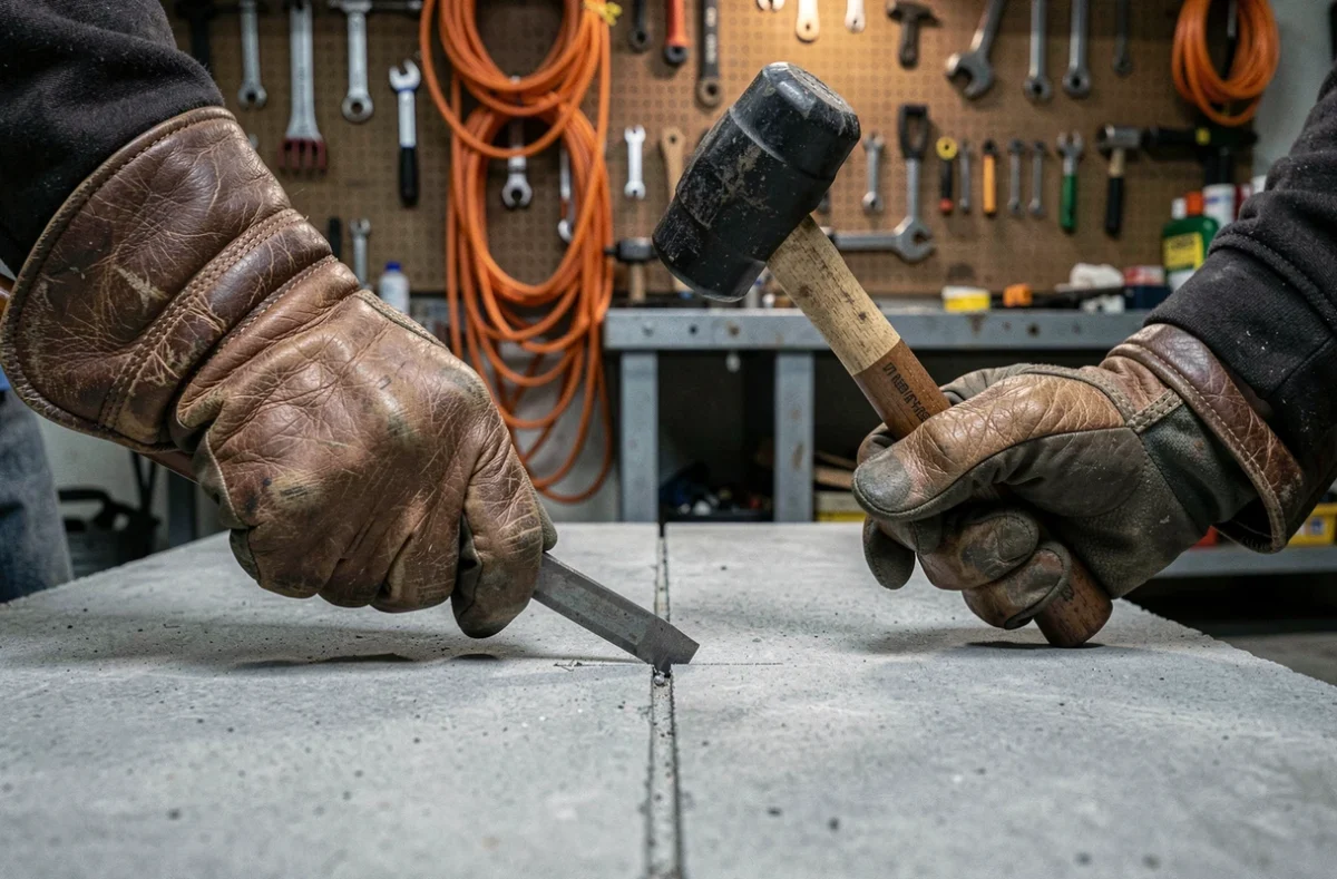 Gros plan de mains gantées tenant un ciseau à froid et un maillet pour couper une dalle béton en ligne droite dans un atelier garage