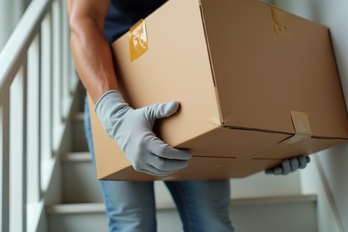 Mains protégées soulevant prudemment une caisse lourde
