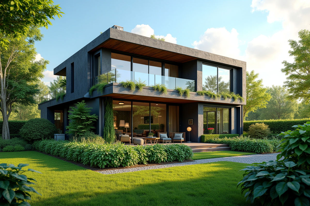 Maison écologique moderne avec grandes fenêtres ensoleillées
