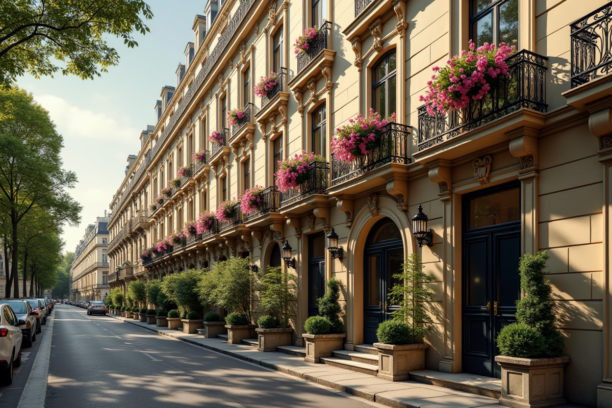 Immeuble parisien élégant avec façade en pierre et fleurs