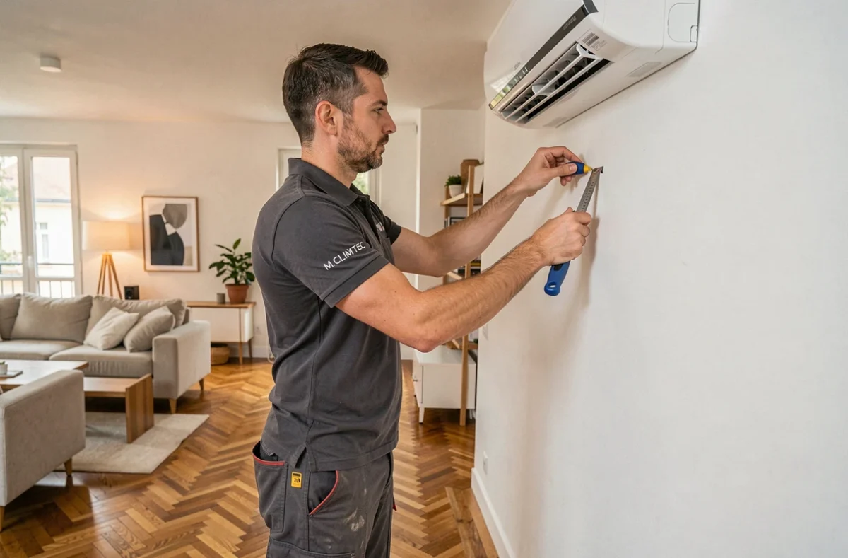 Installateur M.CLIM'TEC préparant la pose sur mesure d'un système de climatisation dans un salon moderne