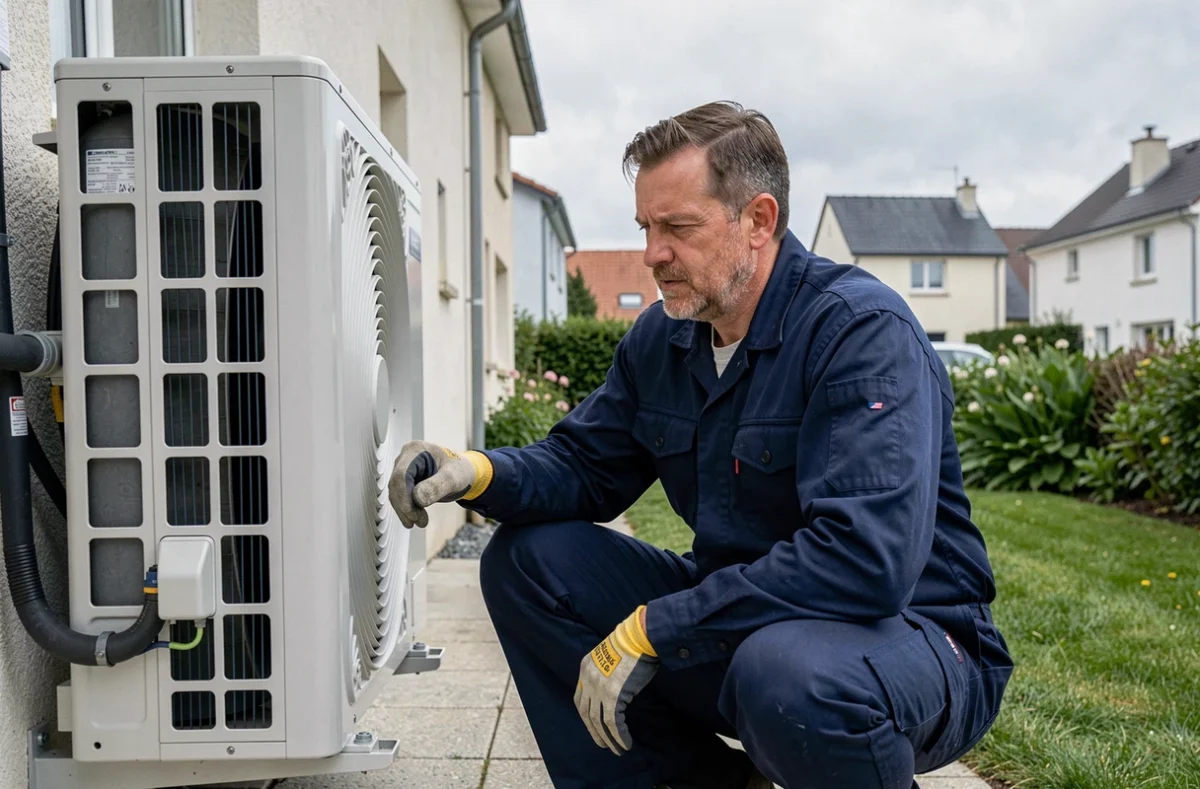 Technicien en climatisation inspectant une unité extérieure dans un quartier résidentiel de Loire-Atlantique