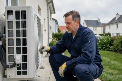 Technicien en climatisation inspectant une unité extérieure dans un quartier résidentiel de Loire-Atlantique