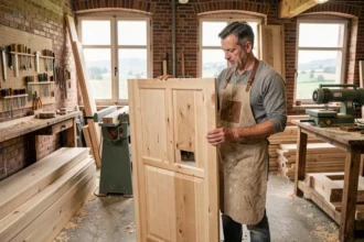Menuisier alsacien dans son atelier du Bas-Rhin examinant un panneau de porte en bois artisanal