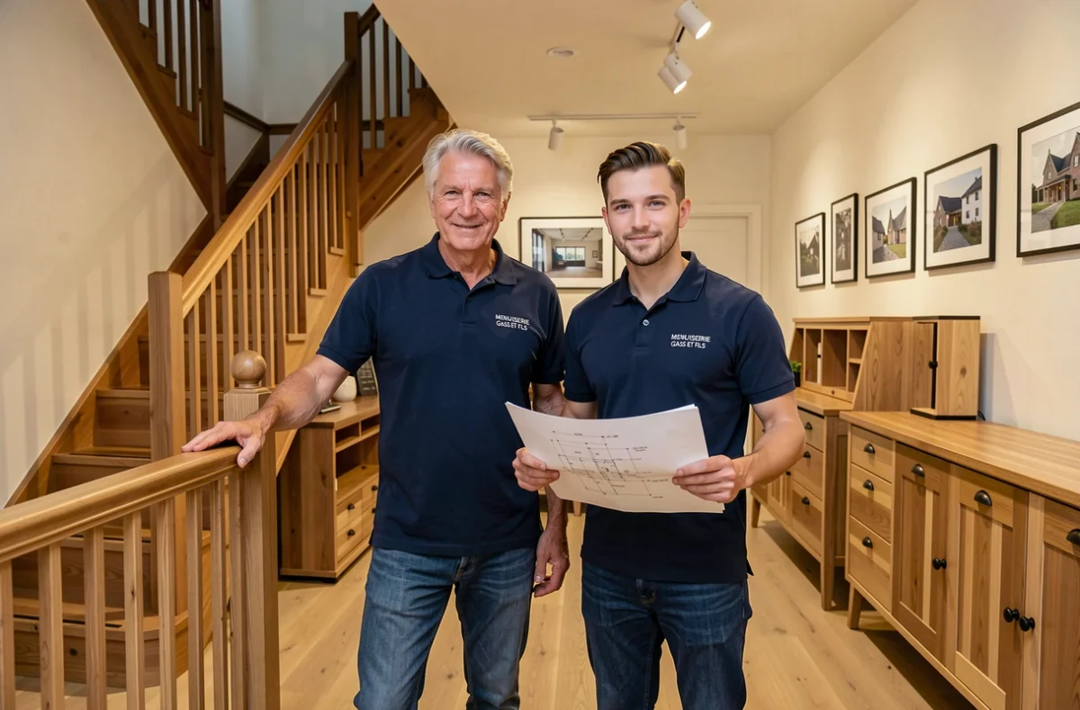 Père et fils de la Menuiserie Gass Et Fils dans leur showroom de menuiserie sur mesure en Alsace