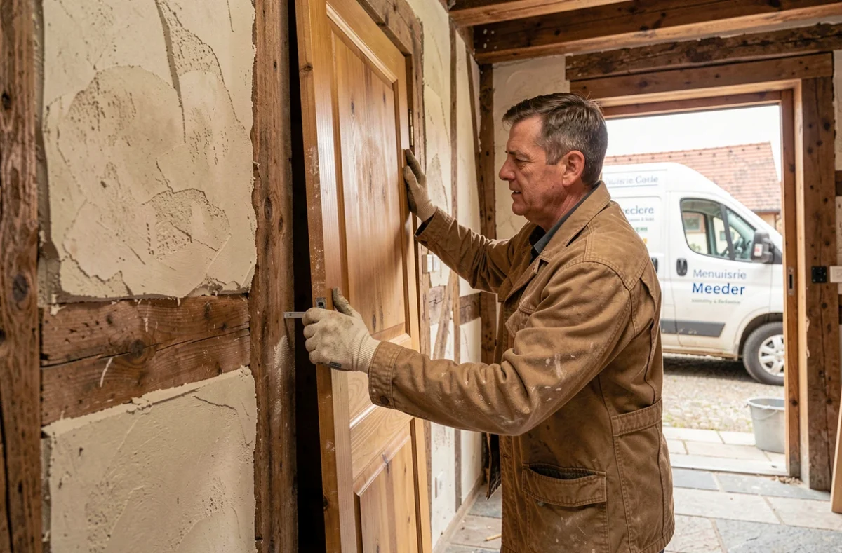 Artisan de la Menuiserie Meeder posant une porte en bois massif dans une maison alsacienne en rénovation