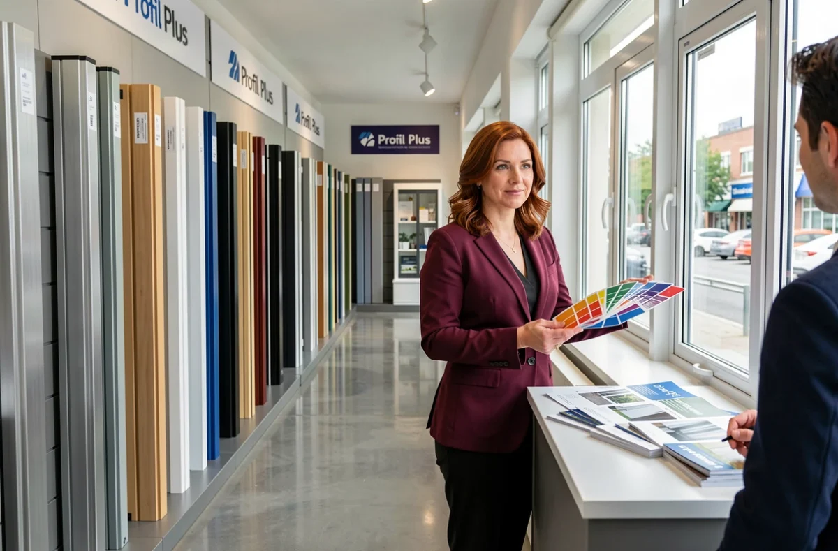 Conseillère Menuiserie Profil Plus présentant des menuiseries en PVC et aluminium dans un showroom moderne du Bas-Rhin