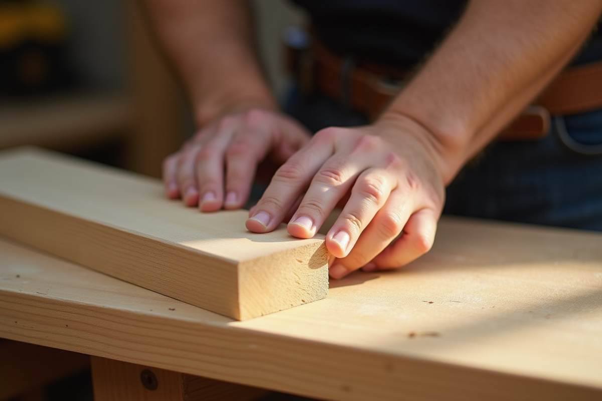 Mains d'un menuisier examinant un bois lisse et fin