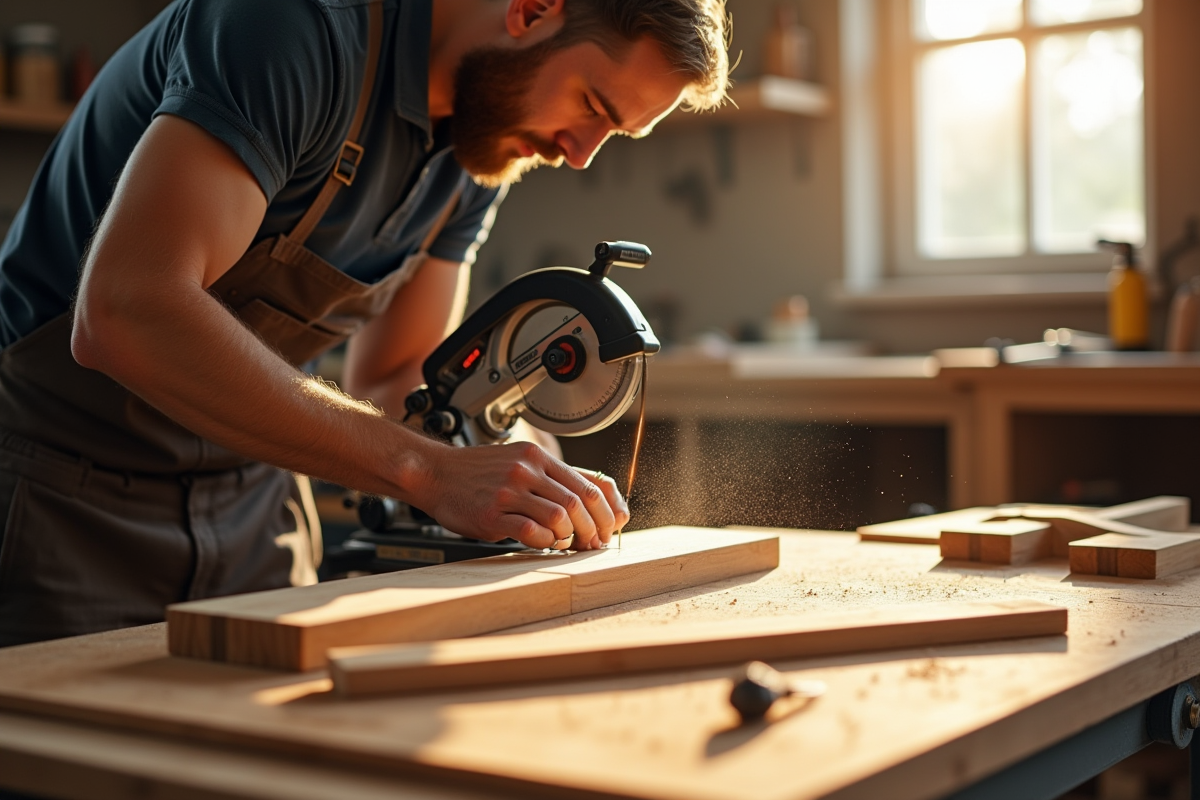Menuisier mesurant un bois dans un atelier ensoleille