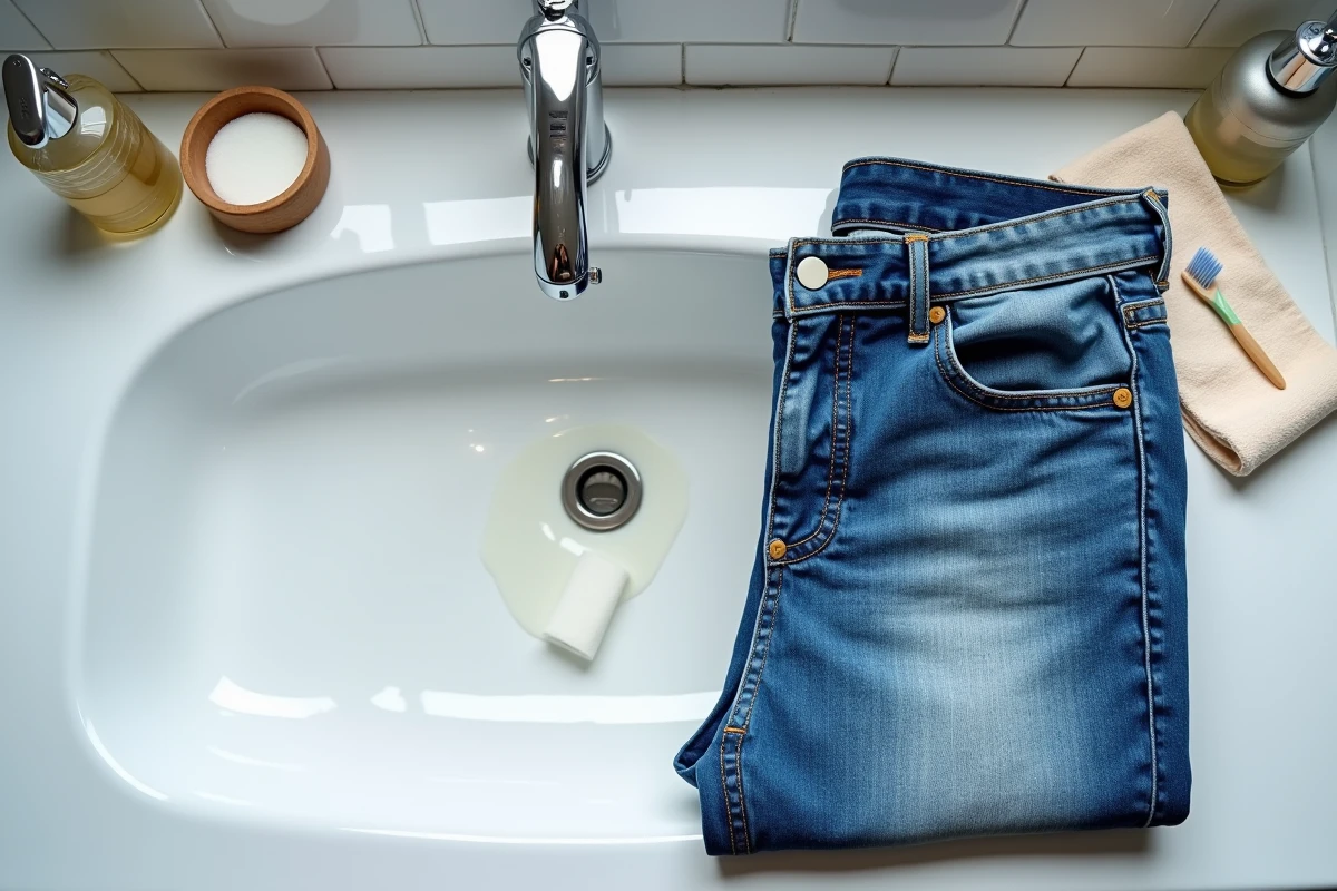 Jean en denim posé sur un lavabo avec vinaigre blanc, brosse à dents et chiffon pour retirer un chewing gum, vue de dessus