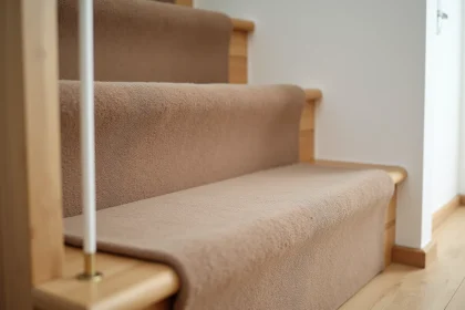 Détail d'une moquette taupe posée sur une marche d'escalier en parquet chêne clair avec tringles laiton